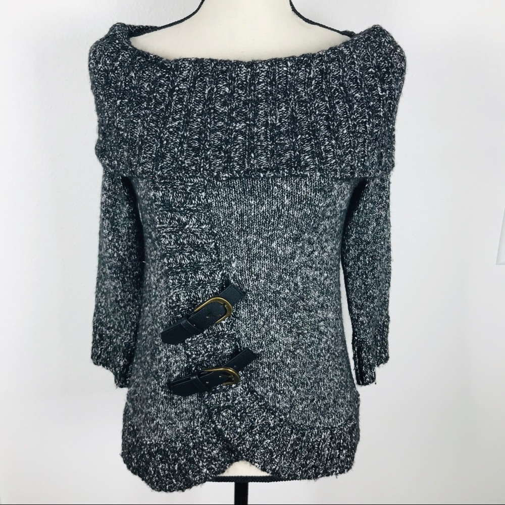 INC OFF THE SHOULDER FAUX LEATHER BUCKLE SWEATER